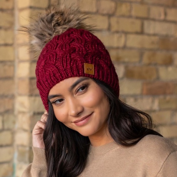 SOLD OUT Maroon Cable Knit Beanie Hat w/ Faux Fur Fleece Lined Pompom Winter Hat - Picture 3 of 5